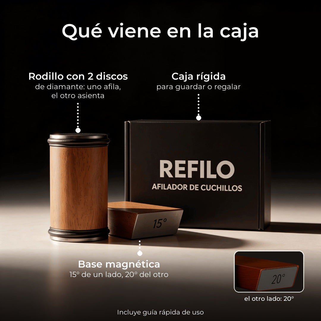 Qué viene en la caja: rodillo con 2 discos de diamante, base magnética de 15° y 20° y caja rígida