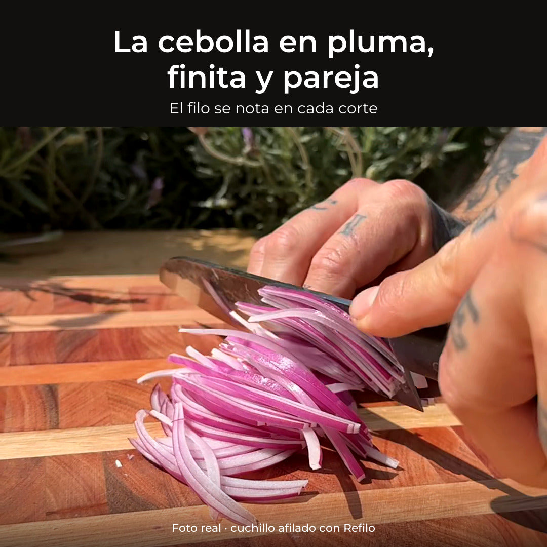 Cebolla cortada en pluma finita con un cuchillo afilado con Refilo