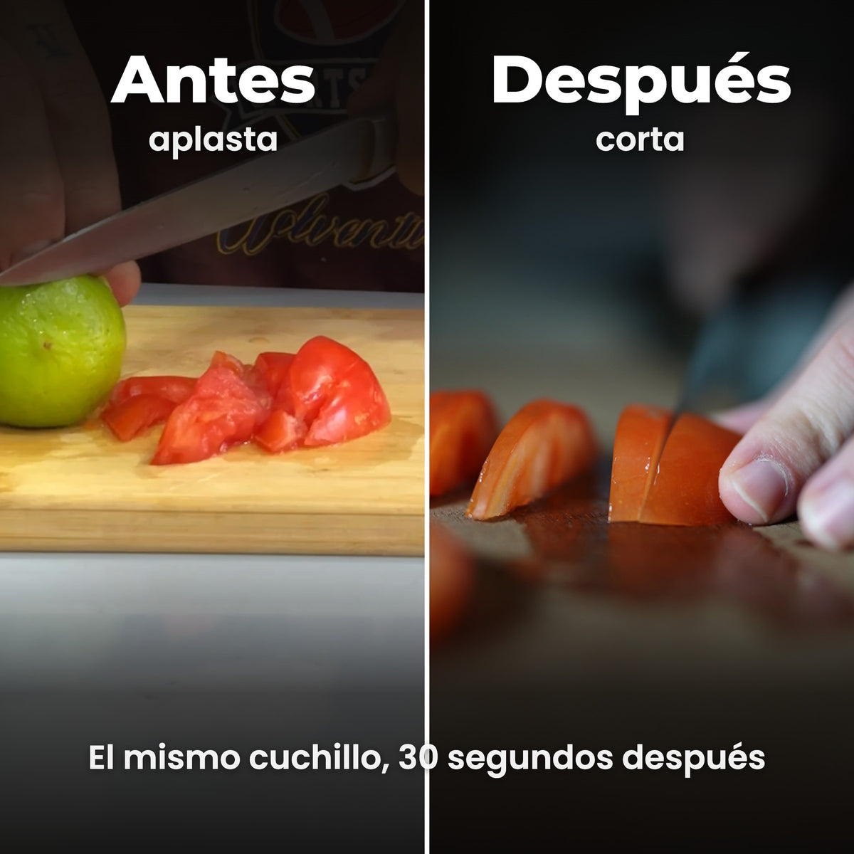 Antes: el cuchillo sin filo aplasta el tomate. Después de Refilo: fetas limpias. Fotos reales