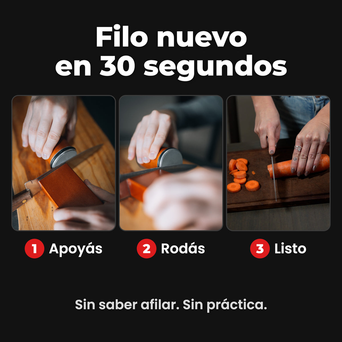 Cómo se usa Refilo en 3 pasos: apoyás el cuchillo en la base magnética, rodás el afilador, listo