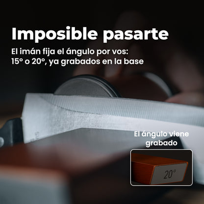 Imposible pasarte: el imán de la base fija el ángulo exacto de afilado, 15° o 20°, ya grabados en la base