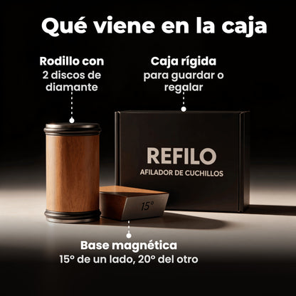 Qué viene en la caja: rodillo con 2 discos de diamante, base magnética de 15° y 20° y caja rígida. Foto real del producto