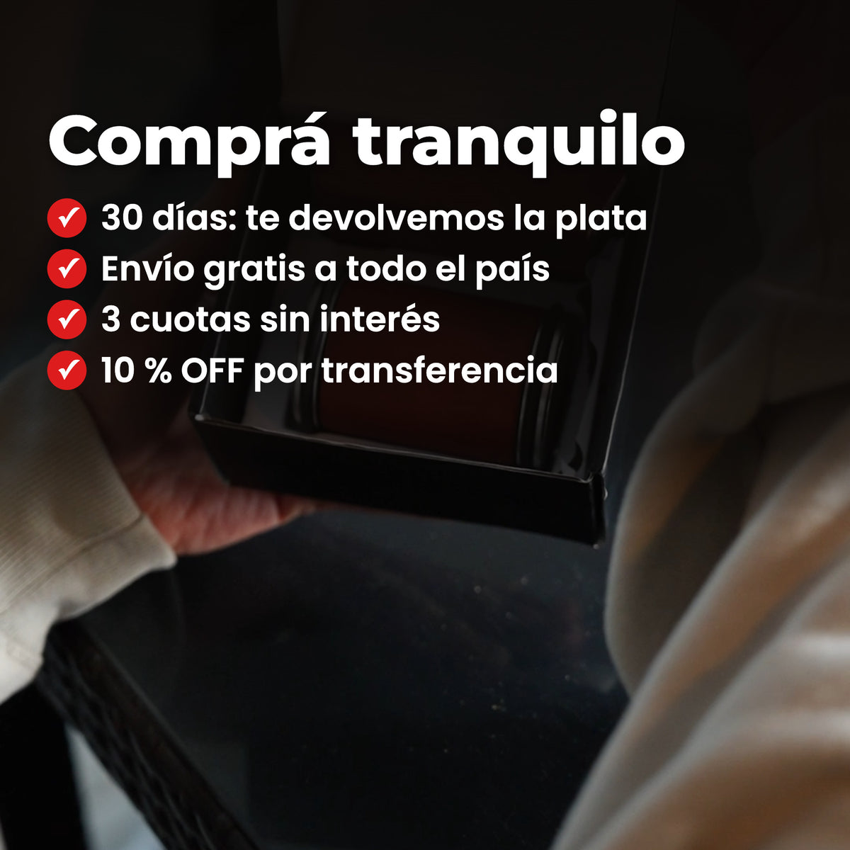 Comprá tranquilo: 30 días para devolverlo y te devolvemos la plata, envío gratis a todo el país, 3 cuotas sin interés y 10% OFF por transferencia