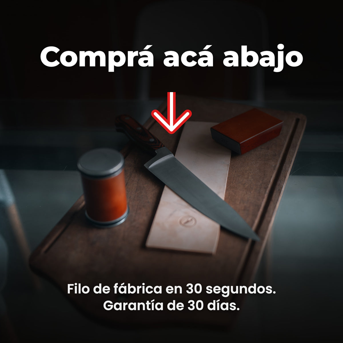 Comprá acá abajo: filo de fábrica en 30 segundos, garantía de 30 días. Afilador Refilo sobre la tabla